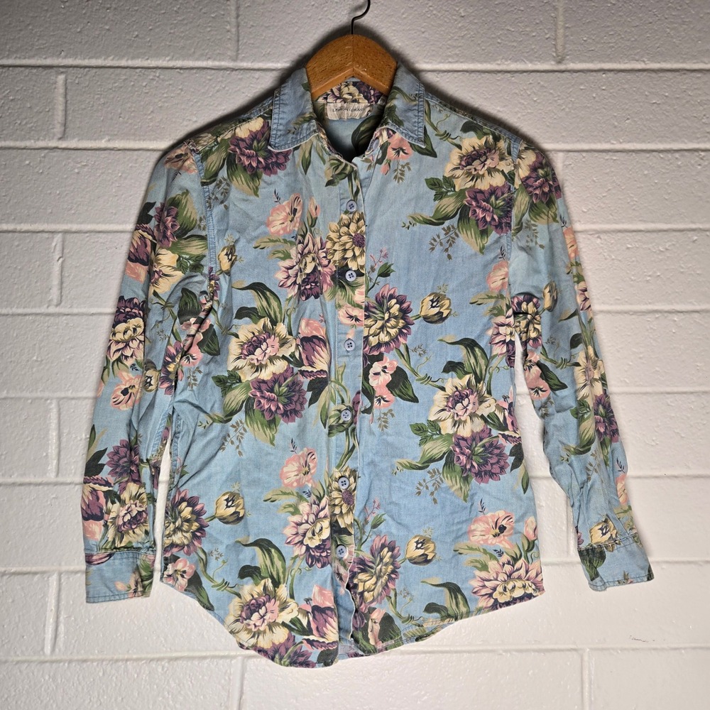 Vtg Lemon Grass Floral Denim Button Shirt Petite Medium Cotton Grannycore Preppy